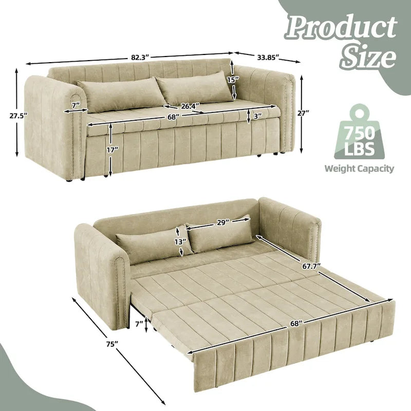 Velvet Upholstered Modern Convertible Sleeper Lounge Sofa Bed with Rolled Arms Decorated with Copper Nails