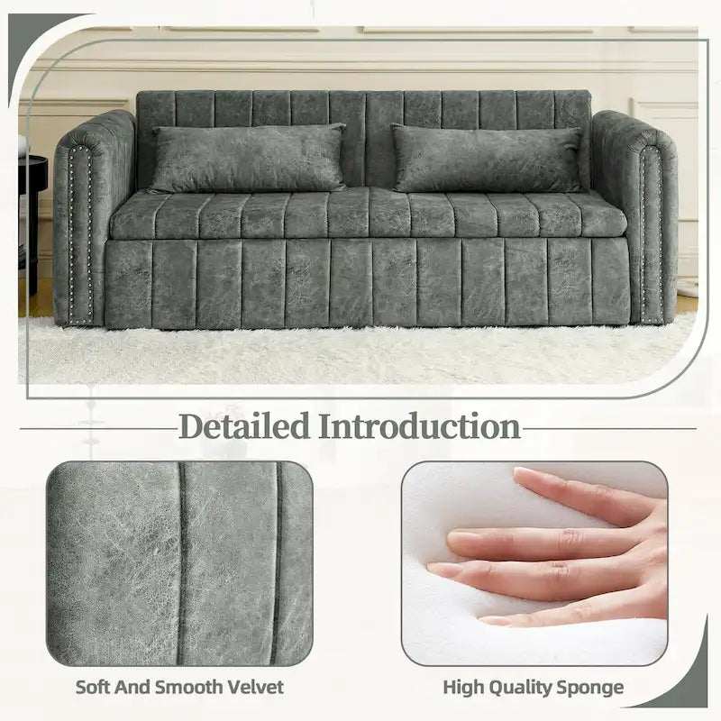 Velvet Upholstered Modern Convertible Sleeper Lounge Sofa Bed with Rolled Arms Decorated with Copper Nails