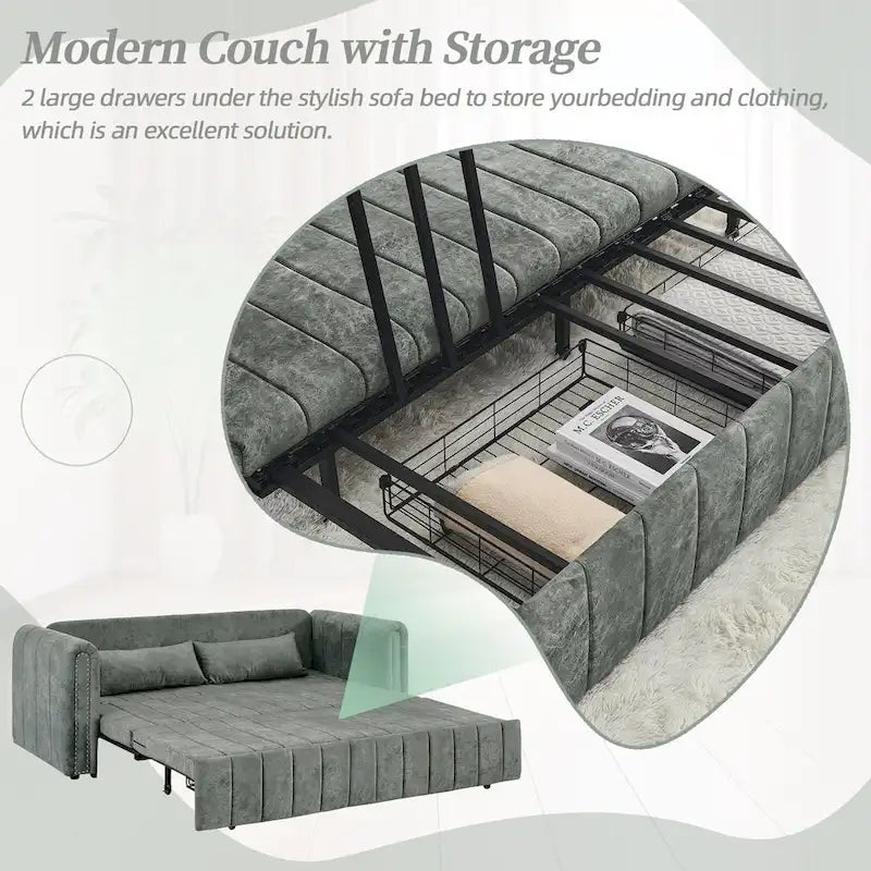 Velvet Upholstered Modern Convertible Sleeper Lounge Sofa Bed with Rolled Arms Decorated with Copper Nails