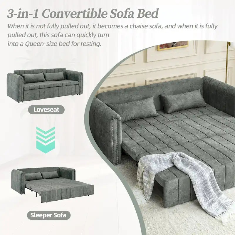 Velvet Upholstered Modern Convertible Sleeper Lounge Sofa Bed with Rolled Arms Decorated with Copper Nails