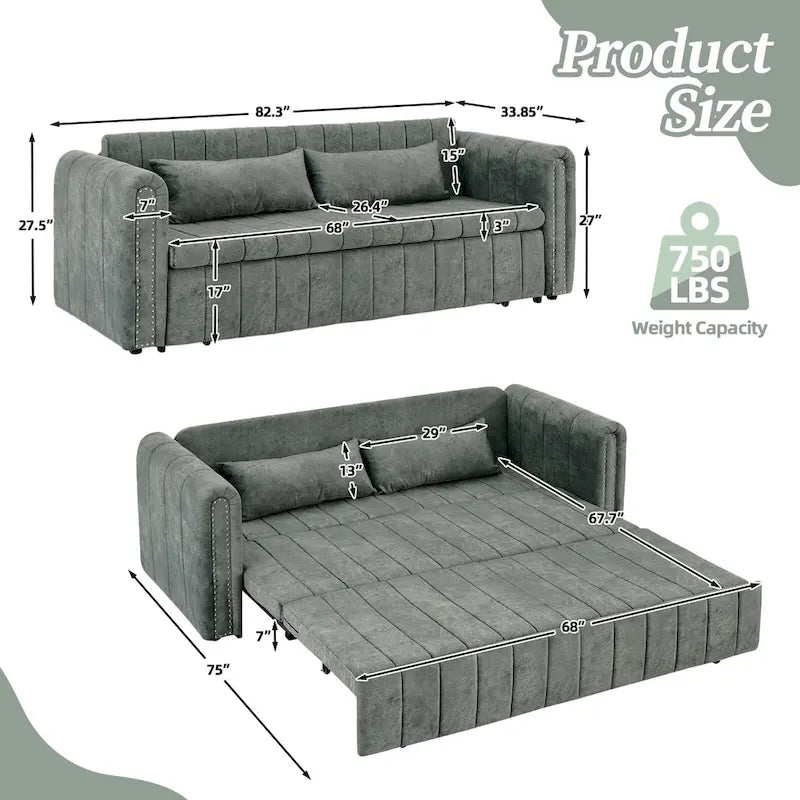 Velvet Upholstered Modern Convertible Sleeper Lounge Sofa Bed with Rolled Arms Decorated with Copper Nails