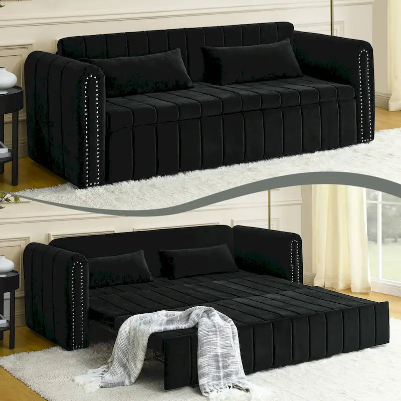 Velvet Upholstered Modern Convertible Sleeper Lounge Sofa Bed with Rolled Arms Decorated with Copper Nails