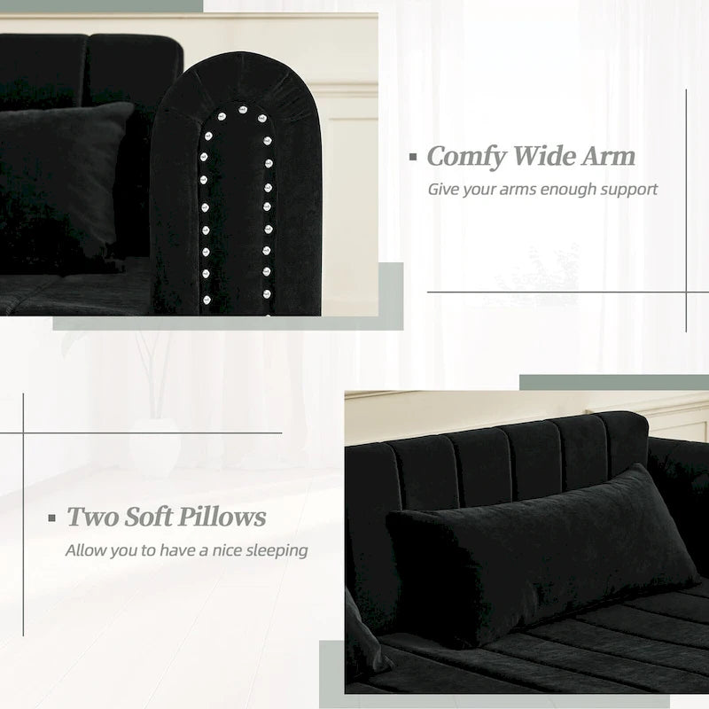 Velvet Upholstered Modern Convertible Sleeper Lounge Sofa Bed with Rolled Arms Decorated with Copper Nails
