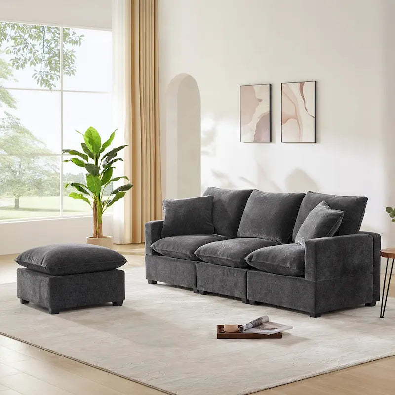 L-Shape Modular Sectional Sofa, 4 Seat Chenille Sectional Couch