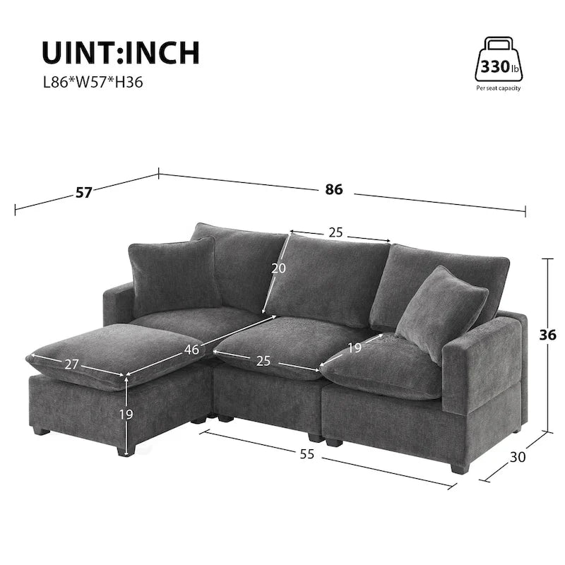 L-Shape Modular Sectional Sofa, 4 Seat Chenille Sectional Couch