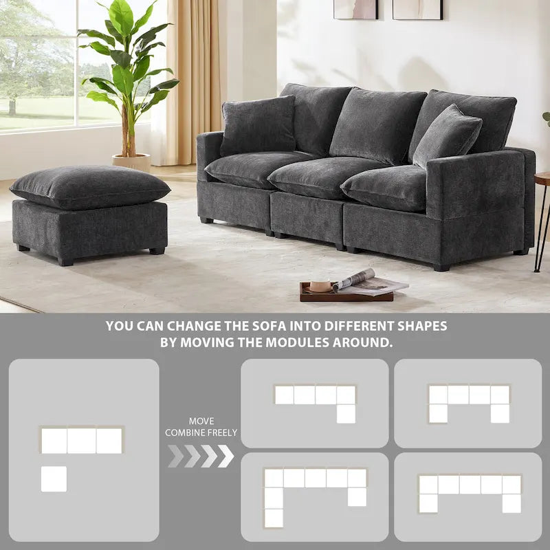 L-Shape Modular Sectional Sofa, 4 Seat Chenille Sectional Couch