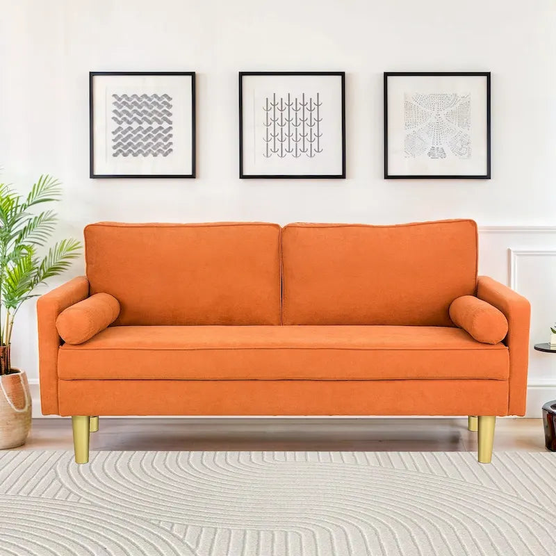 Exquisite 65 in. Orange Polyester 2-Seater Loveseat with Side Pockets and Round Pillows - 65 in