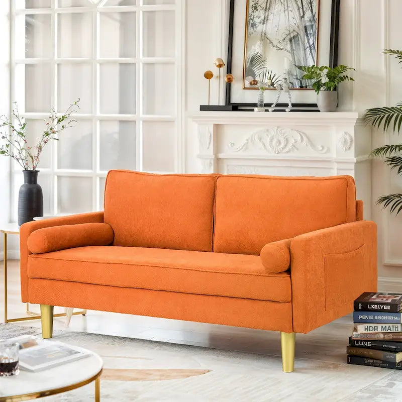 Exquisite 65 in. Orange Polyester 2-Seater Loveseat with Side Pockets and Round Pillows - 65 in