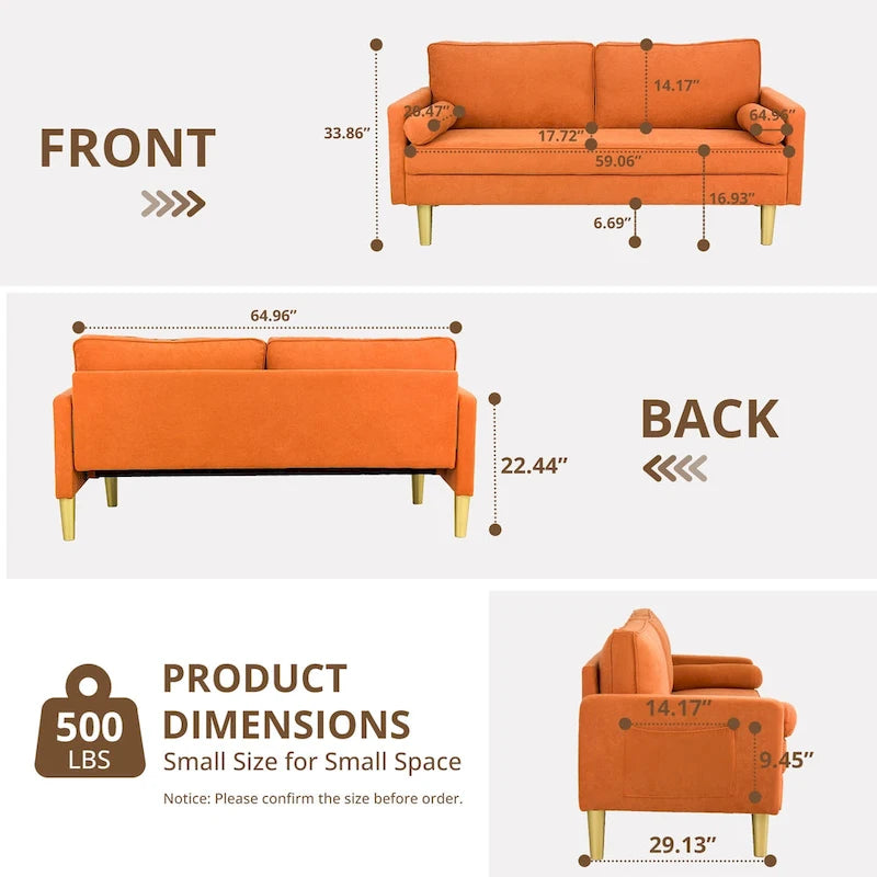 Exquisite 65 in. Orange Polyester 2-Seater Loveseat with Side Pockets and Round Pillows - 65 in