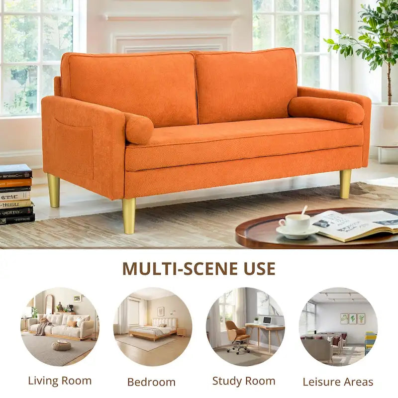 Exquisite 65 in. Orange Polyester 2-Seater Loveseat with Side Pockets and Round Pillows - 65 in