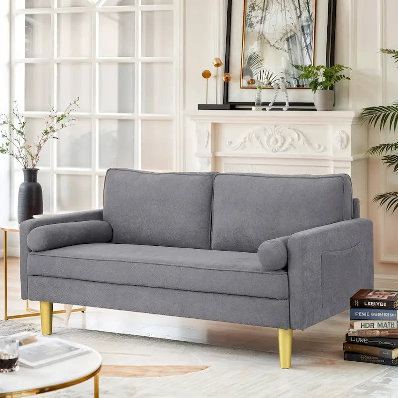 Exquisite 65 in. Orange Polyester 2-Seater Loveseat with Side Pockets and Round Pillows - 65 in