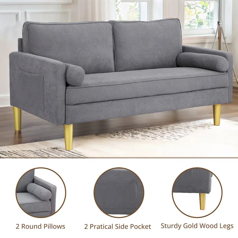 Exquisite 65 in. Orange Polyester 2-Seater Loveseat with Side Pockets and Round Pillows - 65 in