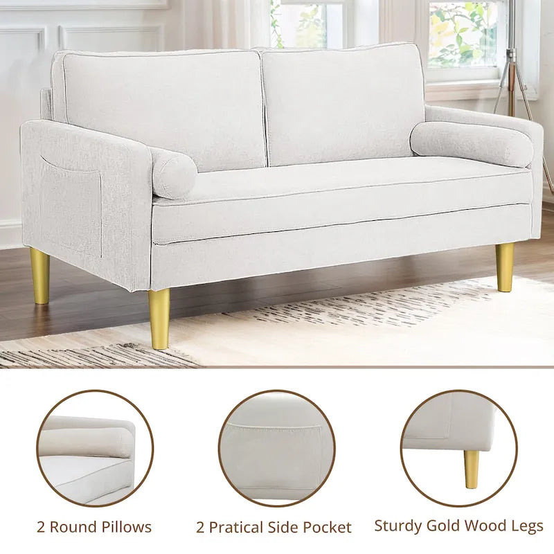 Exquisite 65 in. Orange Polyester 2-Seater Loveseat with Side Pockets and Round Pillows - 65 in