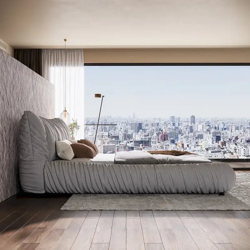 Light Grey King Size Luxury Upholstered Platform Bed with Removable Cushion and Solid Wood Frame