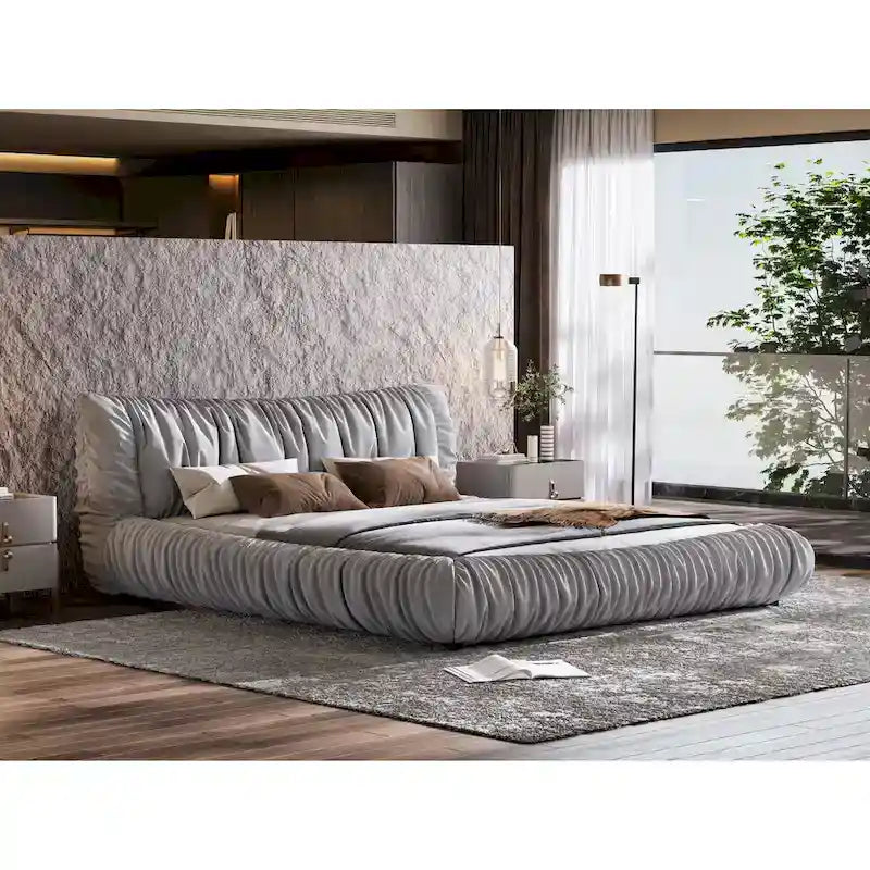 Light Grey King Size Luxury Upholstered Platform Bed with Removable Cushion and Solid Wood Frame