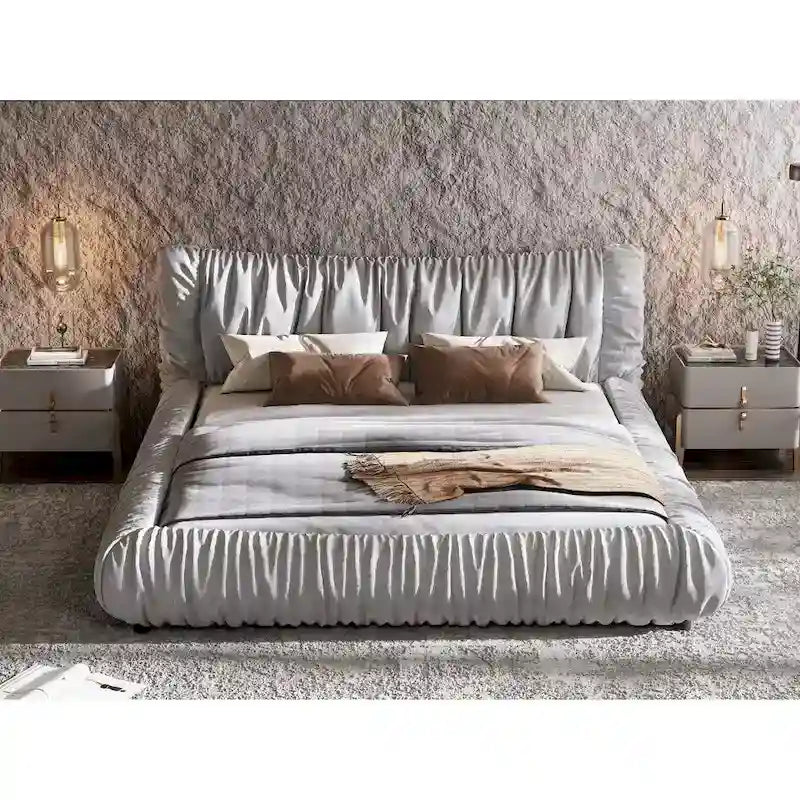 Light Grey King Size Luxury Upholstered Platform Bed with Removable Cushion and Solid Wood Frame