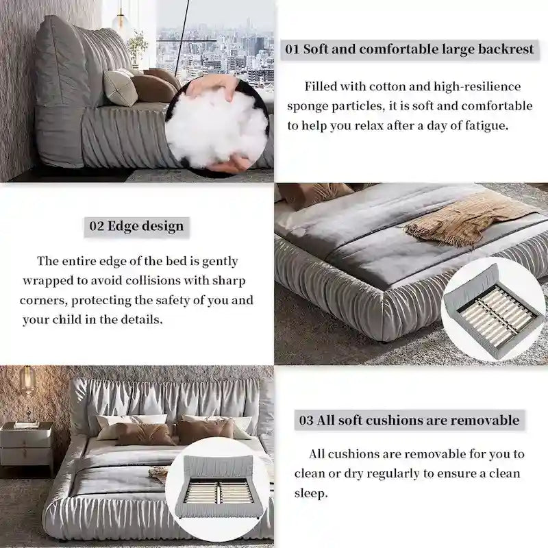 Light Grey King Size Luxury Upholstered Platform Bed with Removable Cushion and Solid Wood Frame