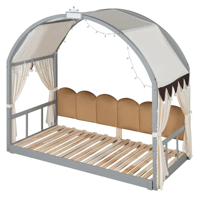 Gray Twin Size Bed with Arched Roof and Trundle