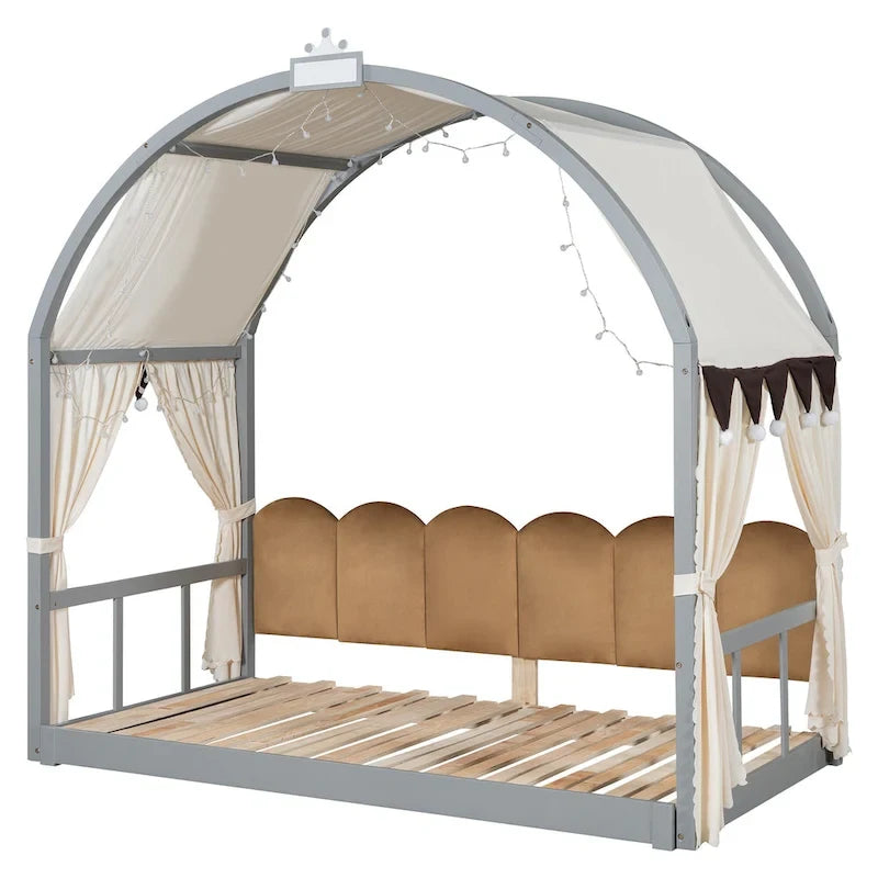 Gray Twin Size Bed with Arched Roof and Trundle