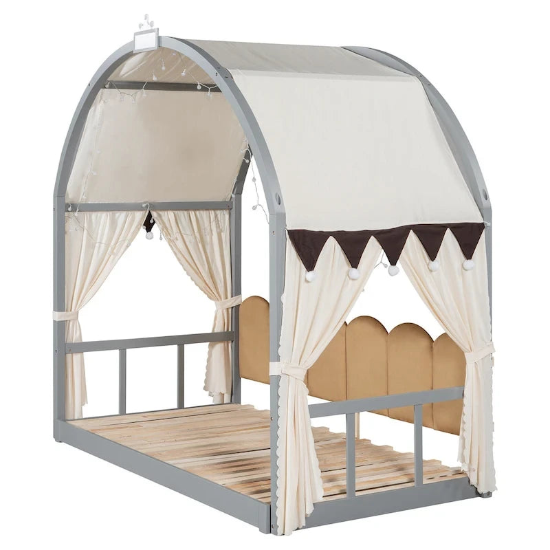 Gray Twin Size Bed with Arched Roof and Trundle