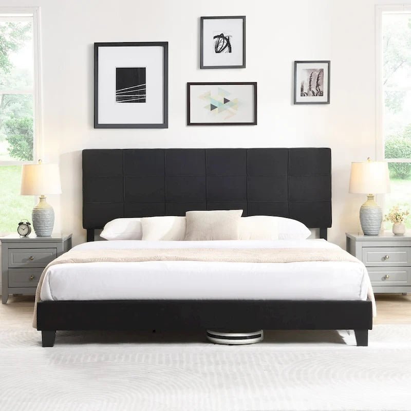 Black King Linen Bed with Tufted Headboard