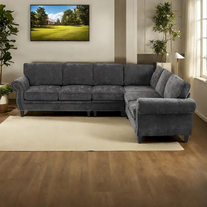 109.5 Chenille 6-Seater L-Shaped Sectional Sofa with Rivets Decorated Rolled Armrests,Cushions, and Wood Frame