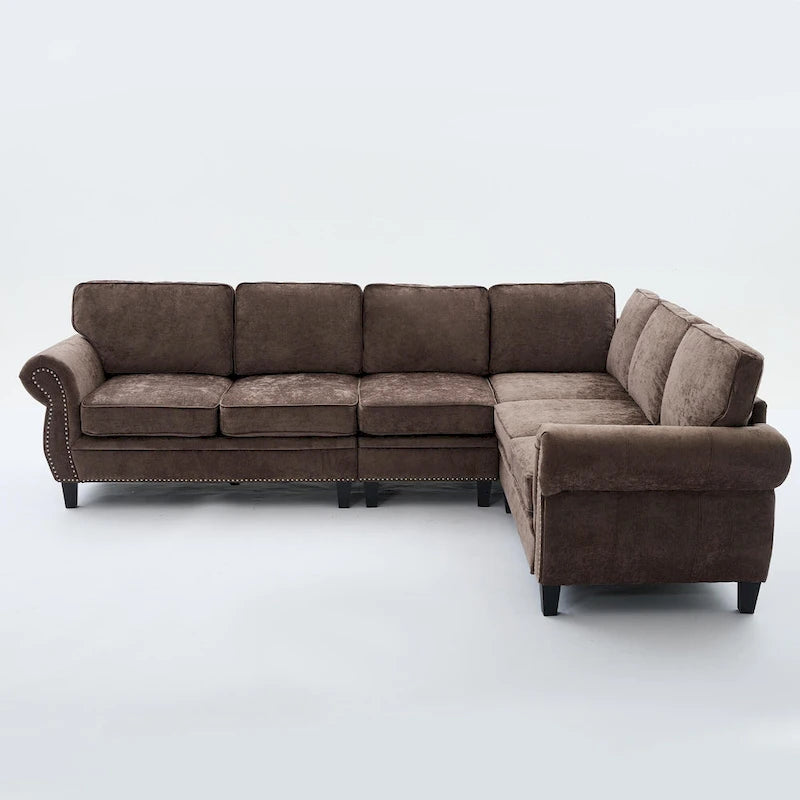 109.5 Chenille 6-Seater L-Shaped Sectional Sofa with Rivets Decorated Rolled Armrests,Cushions, and Wood Frame