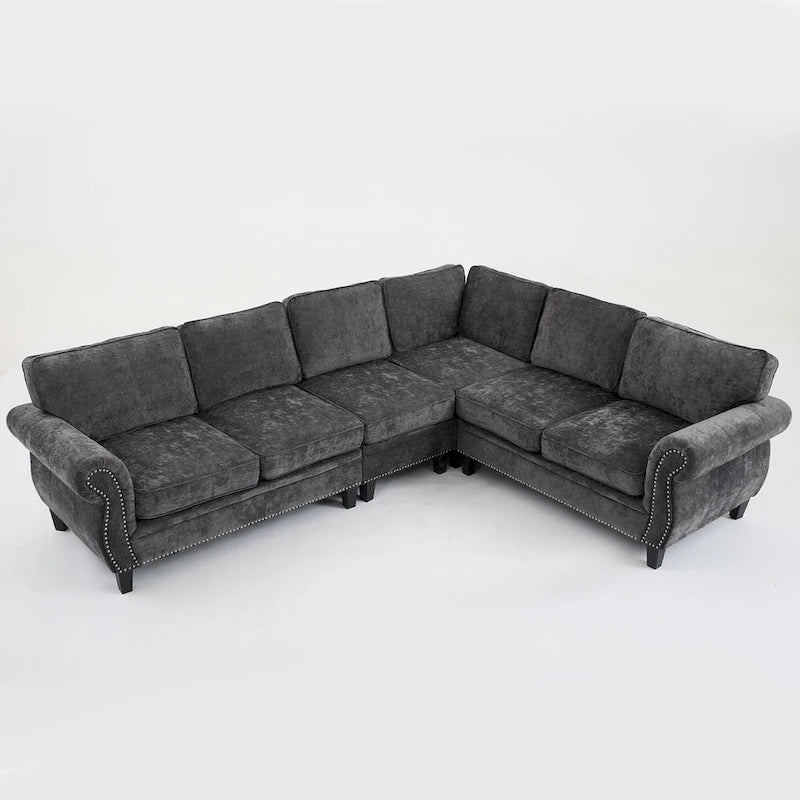 109.5 Chenille 6-Seater L-Shaped Sectional Sofa with Rivets Decorated Rolled Armrests,Cushions, and Wood Frame