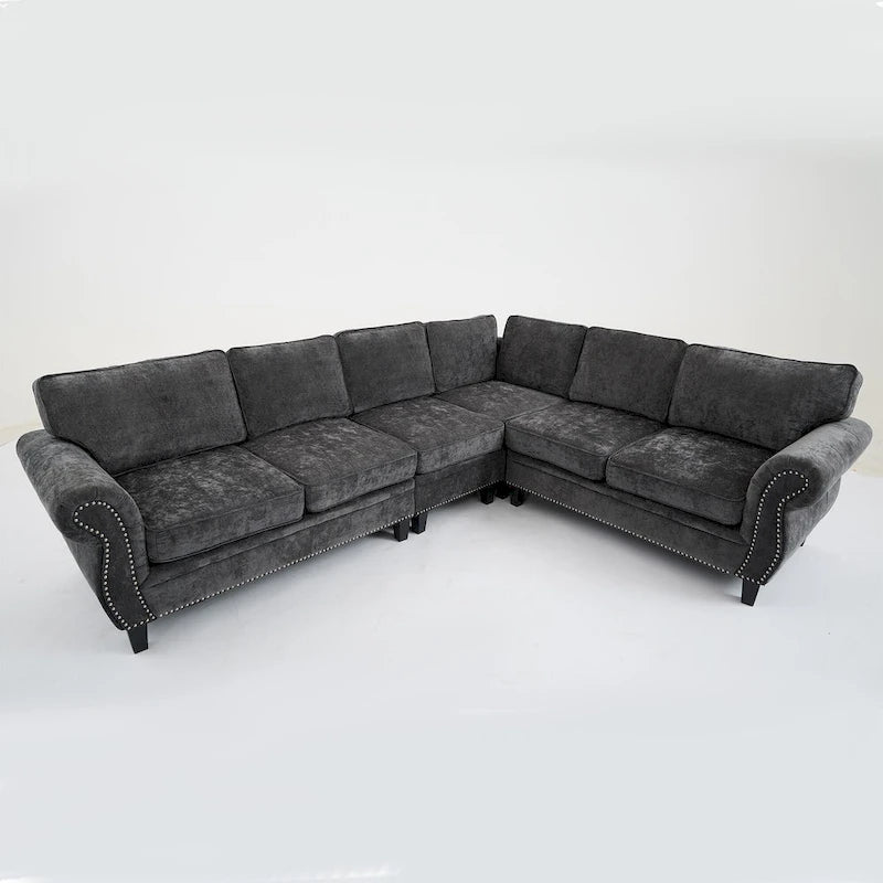 109.5 Chenille 6-Seater L-Shaped Sectional Sofa with Rivets Decorated Rolled Armrests,Cushions, and Wood Frame