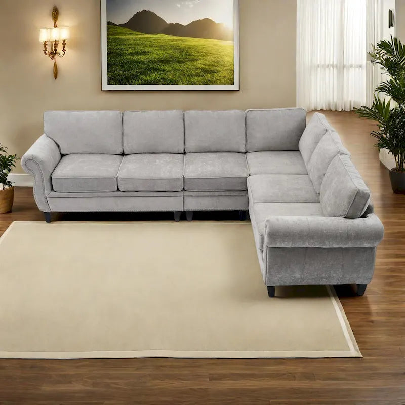 109.5 Chenille 6-Seater L-Shaped Sectional Sofa with Rivets Decorated Rolled Armrests,Cushions, and Wood Frame