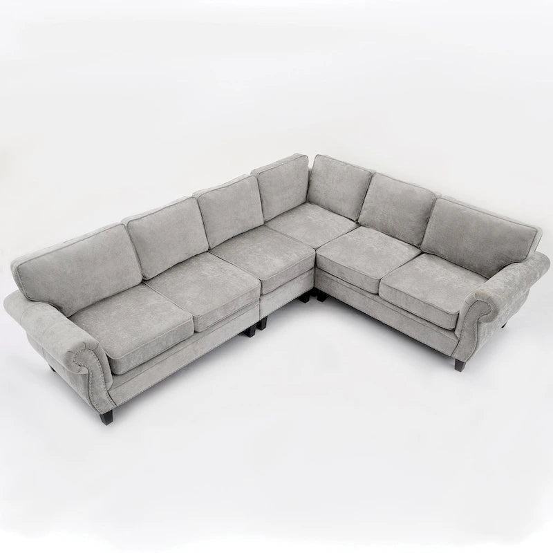 109.5 Chenille 6-Seater L-Shaped Sectional Sofa with Rivets Decorated Rolled Armrests,Cushions, and Wood Frame