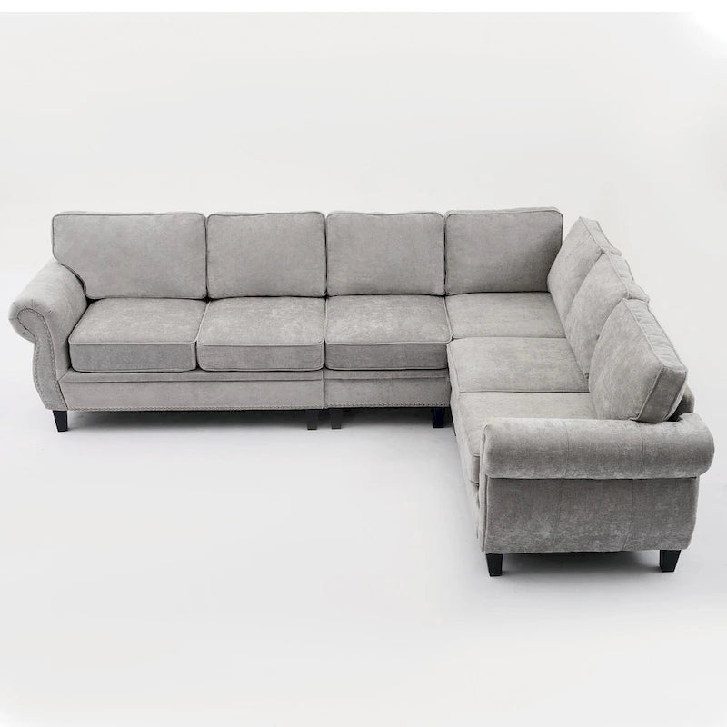 109.5 Chenille 6-Seater L-Shaped Sectional Sofa with Rivets Decorated Rolled Armrests,Cushions, and Wood Frame