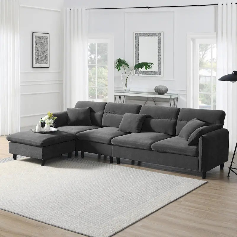 110 L-Shaped 5 Seater Sectional Sofa with Removable Ottoman, Cloud Chenille Upholstery and 5 Pillows