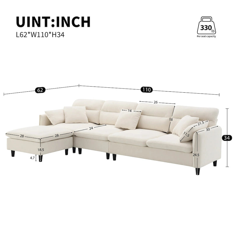 110 L-Shaped 5 Seater Sectional Sofa with Removable Ottoman, Cloud Chenille Upholstery and 5 Pillows