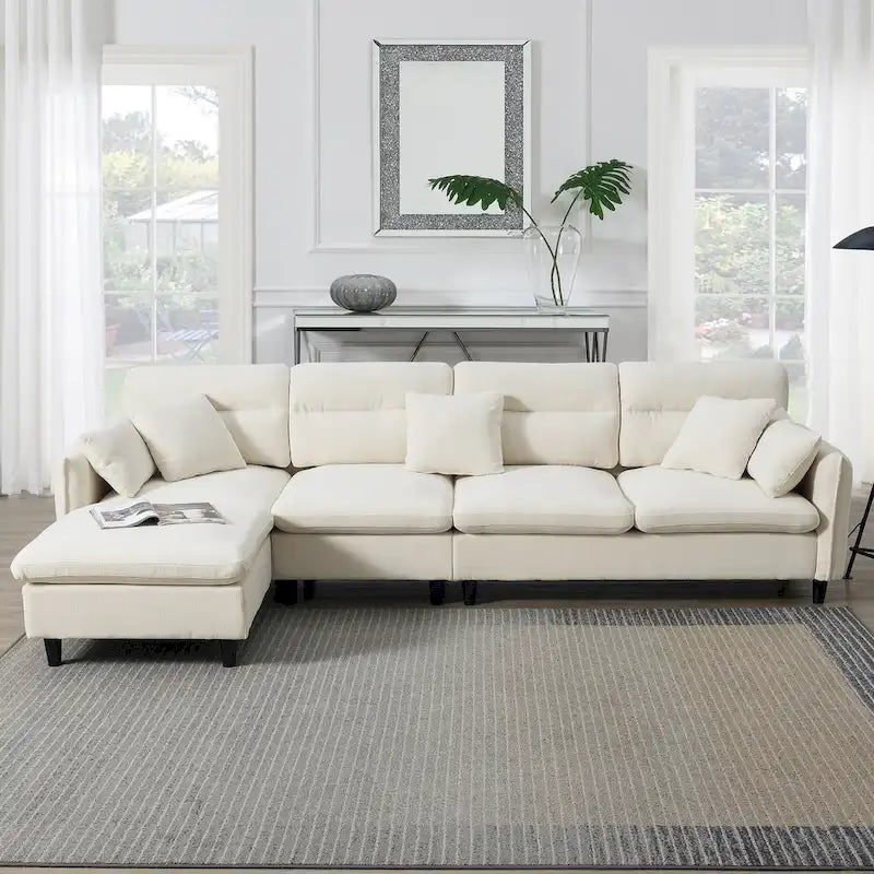 110 L-Shaped 5 Seater Sectional Sofa with Removable Ottoman, Cloud Chenille Upholstery and 5 Pillows