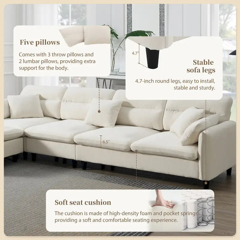 110 L-Shaped 5 Seater Sectional Sofa with Removable Ottoman, Cloud Chenille Upholstery and 5 Pillows