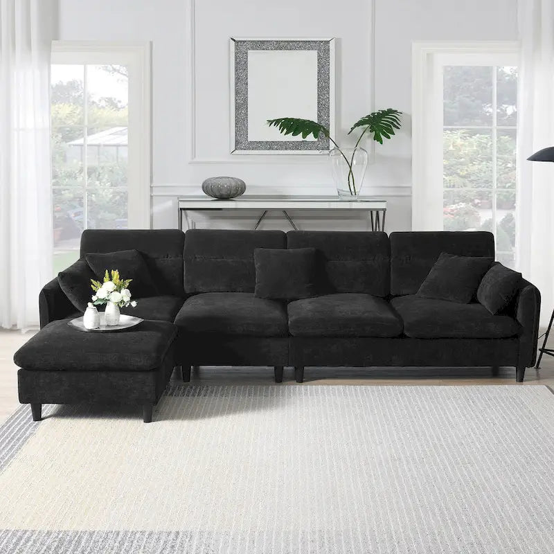 110 L-Shaped 5 Seater Sectional Sofa with Removable Ottoman, Cloud Chenille Upholstery and 5 Pillows