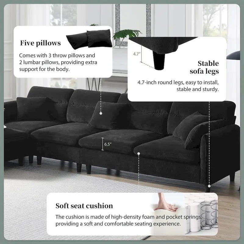 110 L-Shaped 5 Seater Sectional Sofa with Removable Ottoman, Cloud Chenille Upholstery and 5 Pillows