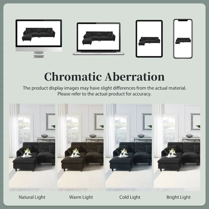 110 L-Shaped 5 Seater Sectional Sofa with Removable Ottoman, Cloud Chenille Upholstery and 5 Pillows