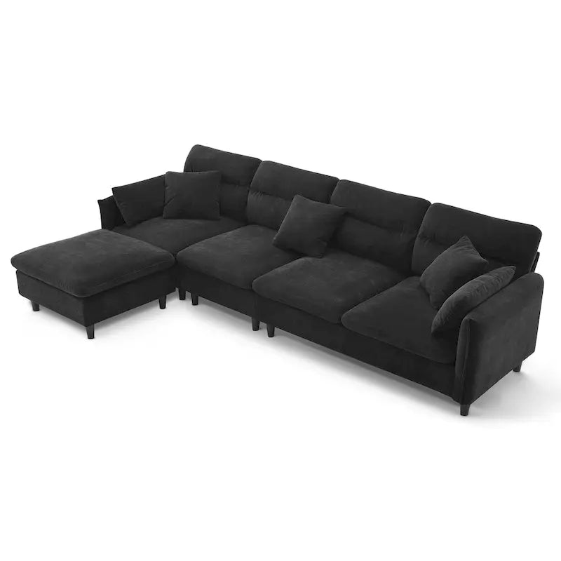 110 L-Shaped 5 Seater Sectional Sofa with Removable Ottoman, Cloud Chenille Upholstery and 5 Pillows