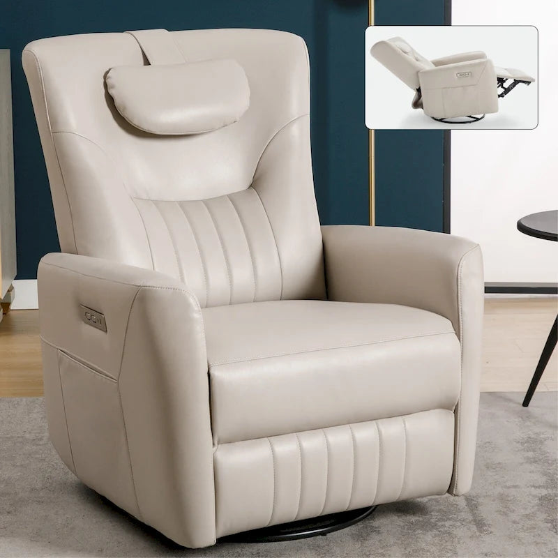 Beige Power Recliner Chair with 270 Swivel, Rocking Motion, Lumbar & Neck Support Pillow, USB & Type-C Ports