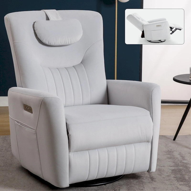 Beige Power Recliner Chair with 270 Swivel, Rocking Motion, Lumbar & Neck Support Pillow, USB & Type-C Ports