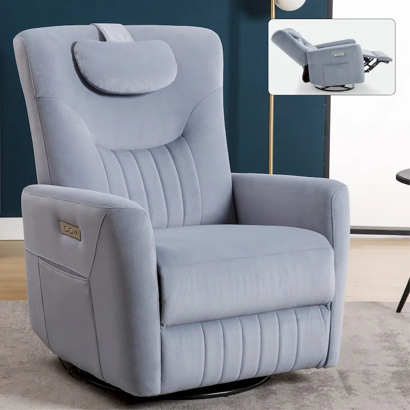 Beige Power Recliner Chair with 270 Swivel, Rocking Motion, Lumbar & Neck Support Pillow, USB & Type-C Ports