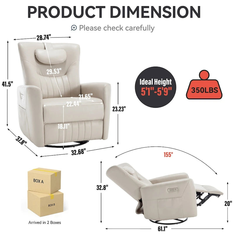 Beige Power Recliner Chair with 270 Swivel, Rocking Motion, Lumbar & Neck Support Pillow, USB & Type-C Ports