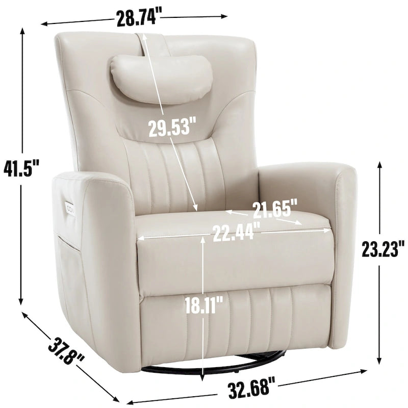 Beige Power Recliner Chair with 270 Swivel, Rocking Motion, Lumbar & Neck Support Pillow, USB & Type-C Ports