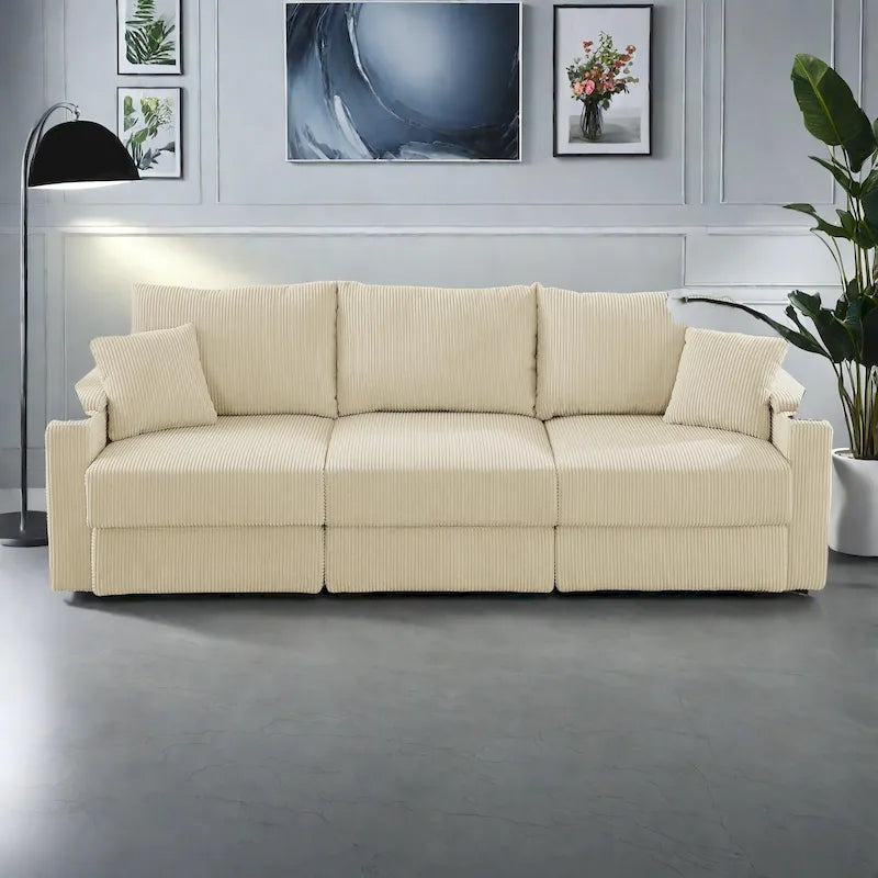 102 Corduroy Modern 3-Seater Sofa Deep Seat with Cup Holders & Phone Holder