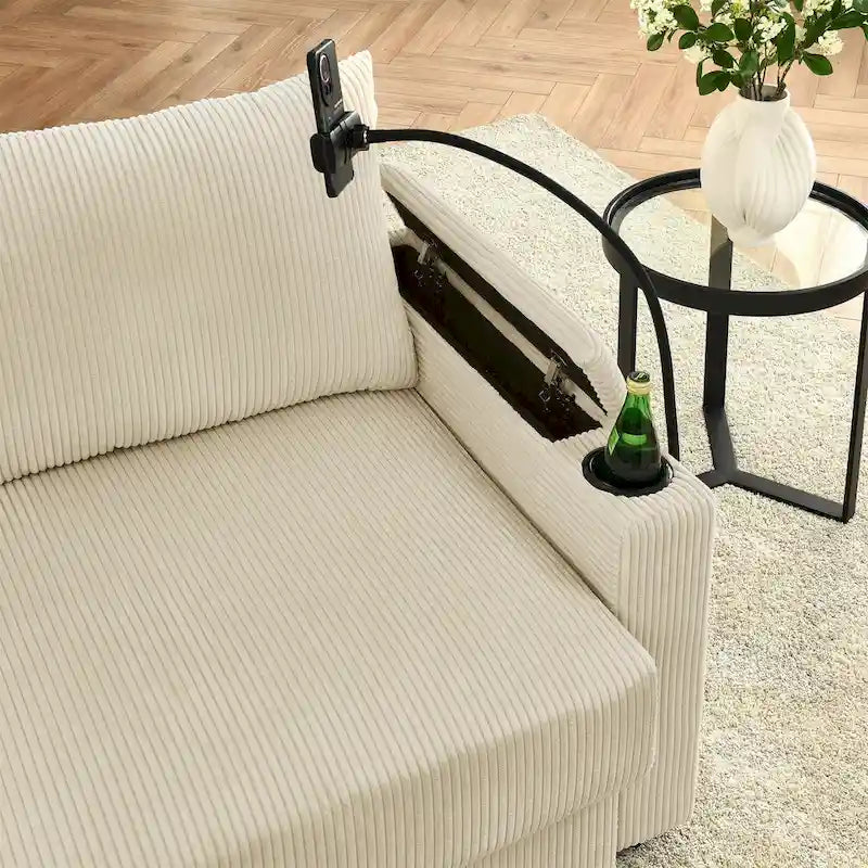 102 Corduroy Modern 3-Seater Sofa Deep Seat with Cup Holders & Phone Holder