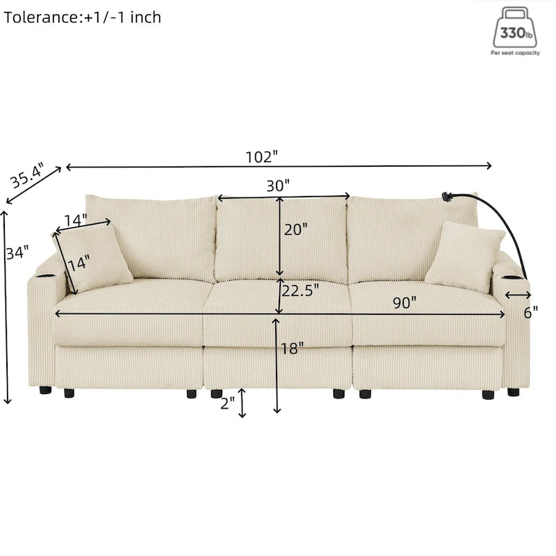 102 Corduroy Modern 3-Seater Sofa Deep Seat with Cup Holders & Phone Holder