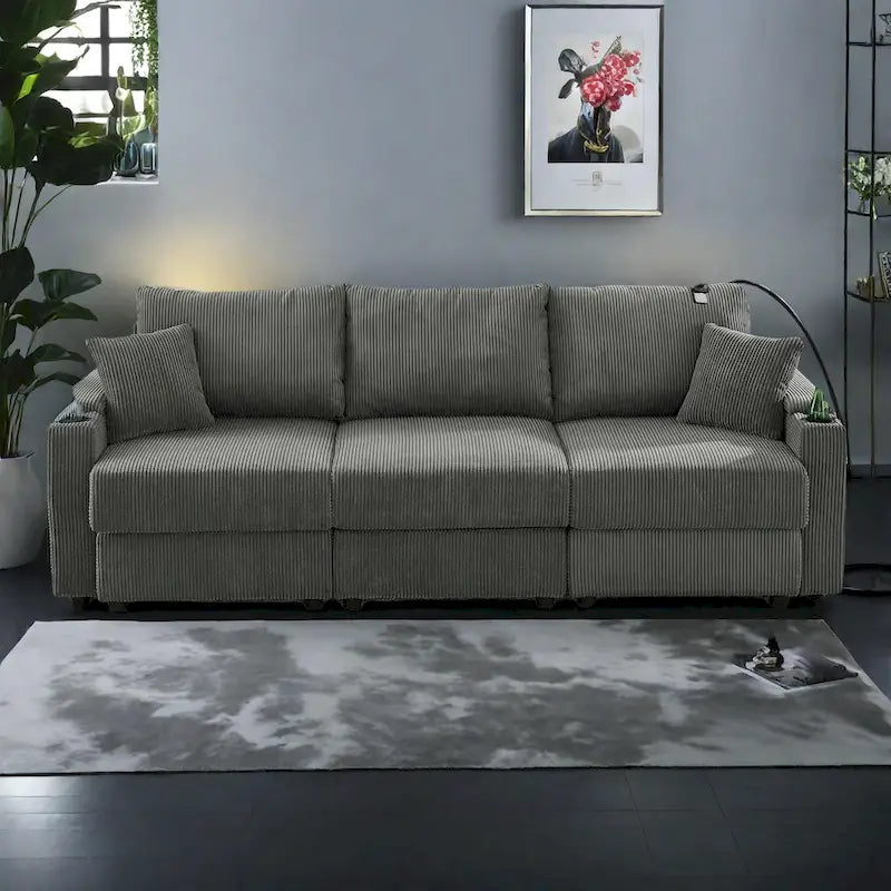 102 Corduroy Modern 3-Seater Sofa Deep Seat with Cup Holders & Phone Holder