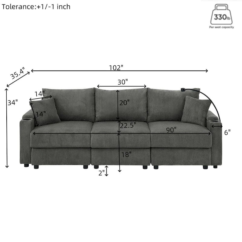 102 Corduroy Modern 3-Seater Sofa Deep Seat with Cup Holders & Phone Holder